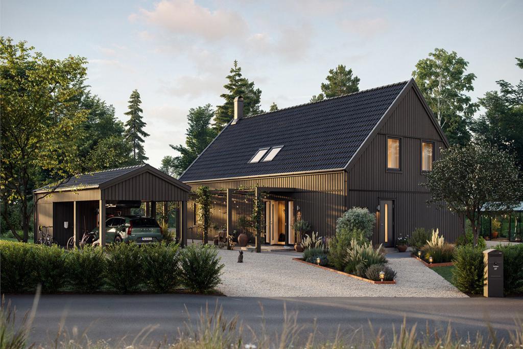Svart modern 1,5-plansvilla med minimal takfot